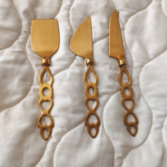 Other - Gold Tone Cheese Knife Set 3 Piece Filigree Handle Charcuterie Serving Tools 8in